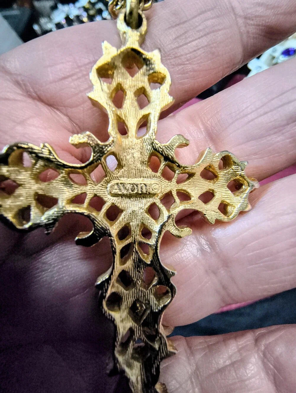 Vintage Avon Ornate Gothic Cross Pendant Necklace Red Glass Cabochon 22 Inch